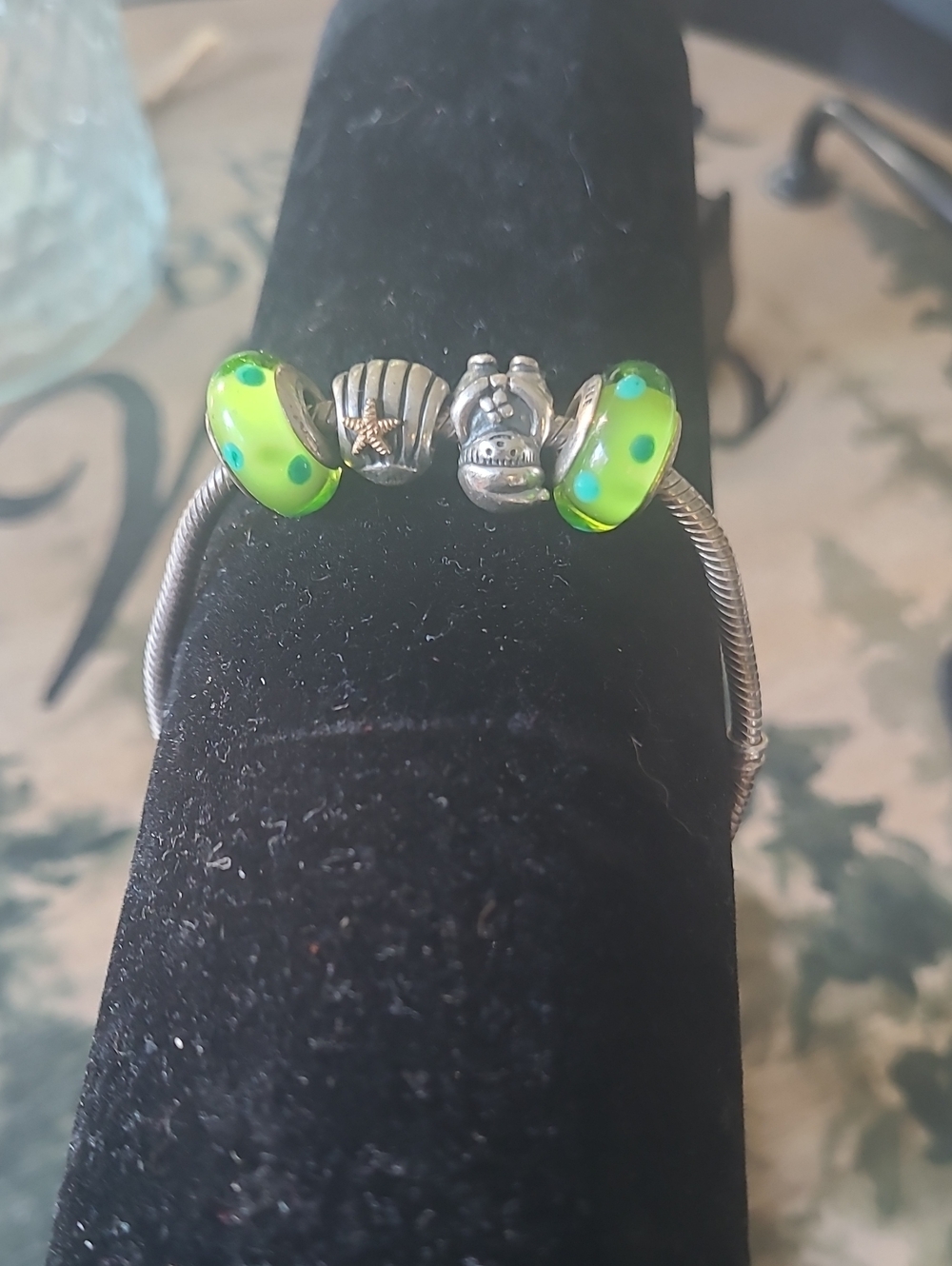 Pandora Silver Bracelet with Neon Green Murano Dots and Silver Charms